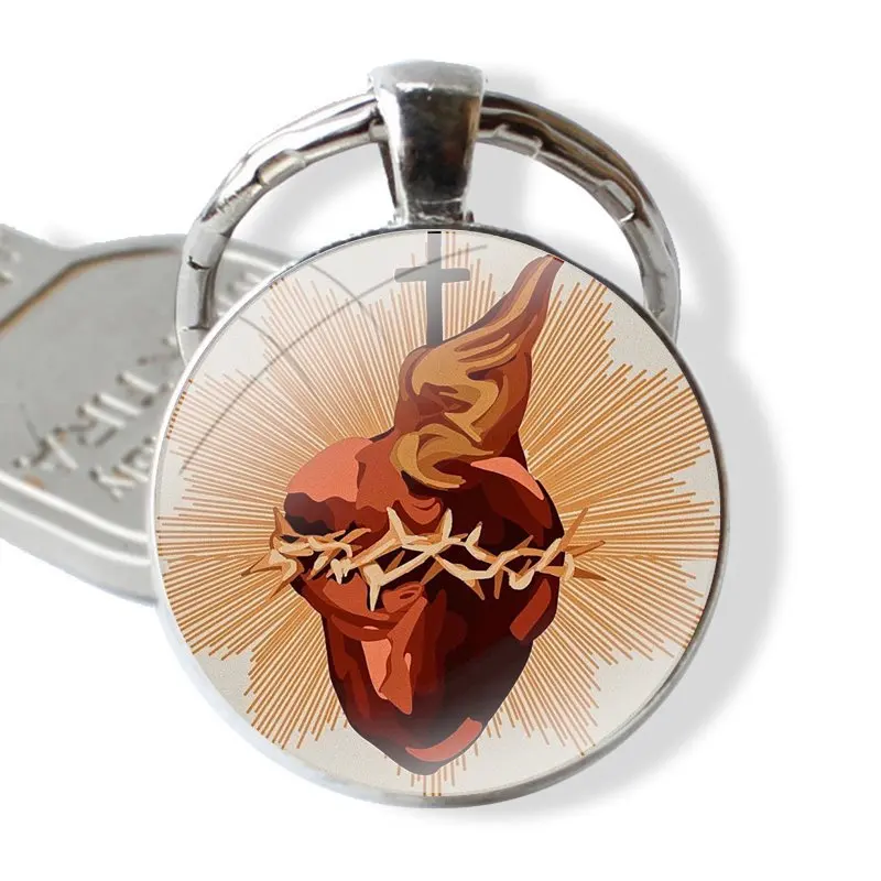 Catholic Immaculate Heart Of Mary Whit Keychain Handmade Glass Cabochon Key Ring Holder Pendant Key Chains