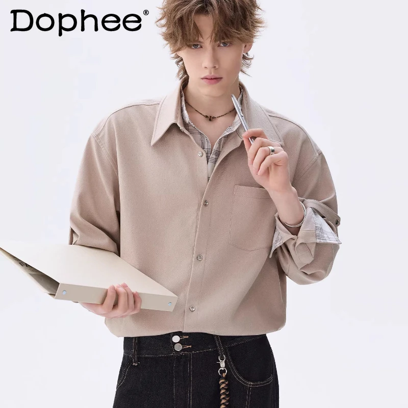 

Men's 2026 Spring New Faux Two-piece Double-layer Collar Ice Silk Denim Tops Long-sleeve Shirts Men's Loose Fit Trendy Shirts