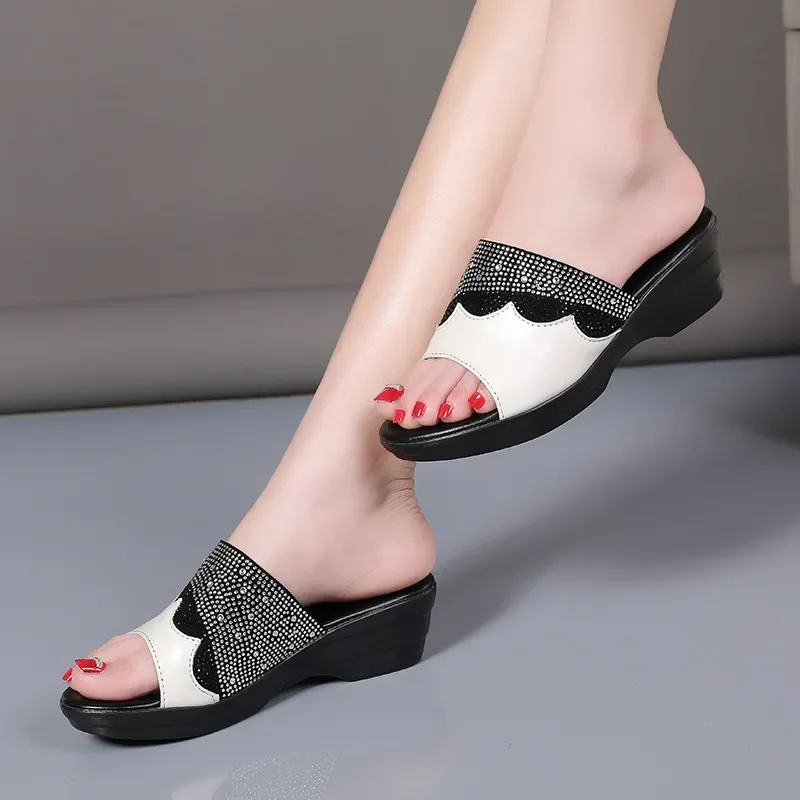 GKTINOO 2024 Summer Platform Flip Flops Fashion Rhinestone Shoes Woman Anti-slip Genuine Leather Sandals Women Slippers Shoe