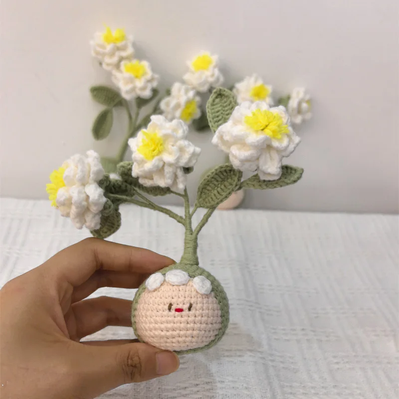 Crochet Artificial Plants Fake Flower Potted Hand Woven Gardenia Bonsai Handmade Woven Simulated Flower Kid Home Decorations