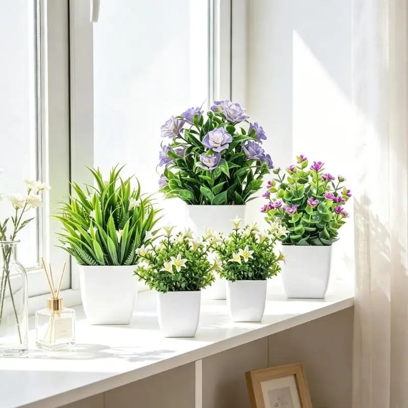 L9BE Counter Display Accent Set of 4, Artificial Arrangement in Mini White Holders for Desk Shelf Windowsill Styling and Study