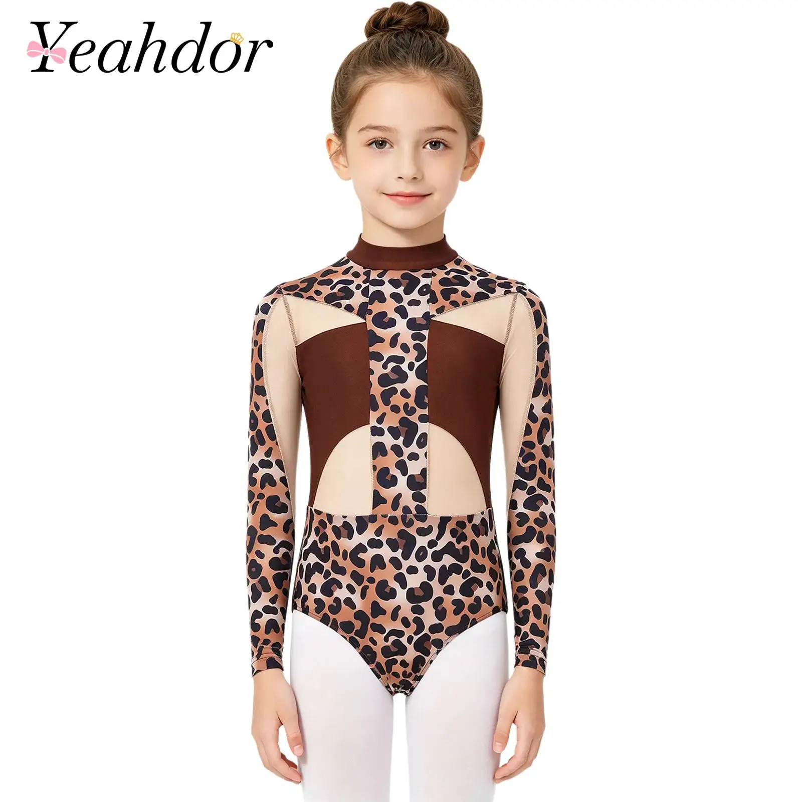 Girl's Long-Sleeved Rhythmic Gymnastic Leotard Children Ballet Dance Jumpsuit Printed Leotard Mesh Patchwork for Performance