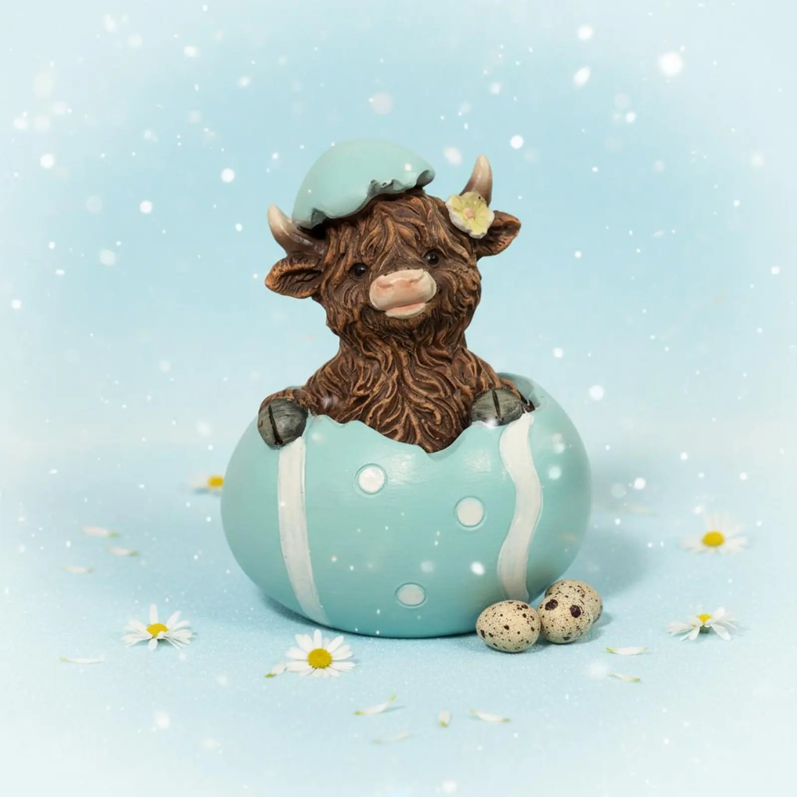 

Scottish Cow Hatching Statue Cute and Realistic Newborn Calf in Eggshell Figurine Easter Cow Decoration Adorable for Collectors