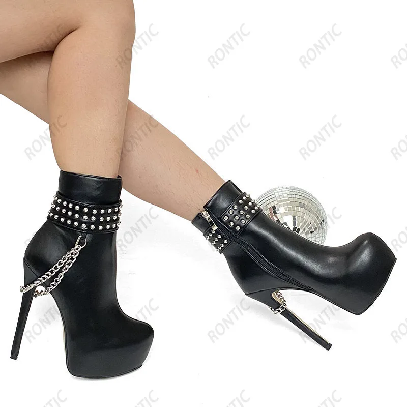 Rontic Handmade Women Winter Platform Ankle Boots Sexy Chain Rivets Stiletto Heels Round Toe White Black Club Shoes US Size 5-20