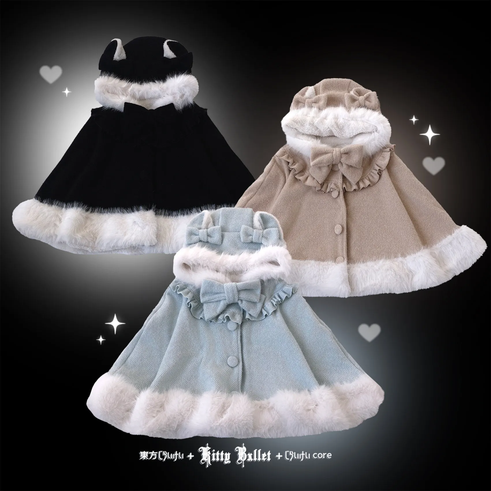 Original Japanese Autumn Winter Lolita Ponchos Cute Bow Cat Ear Hooded Overcoat Thicken Velvet Batwing Sleeve Princess Cape Coat