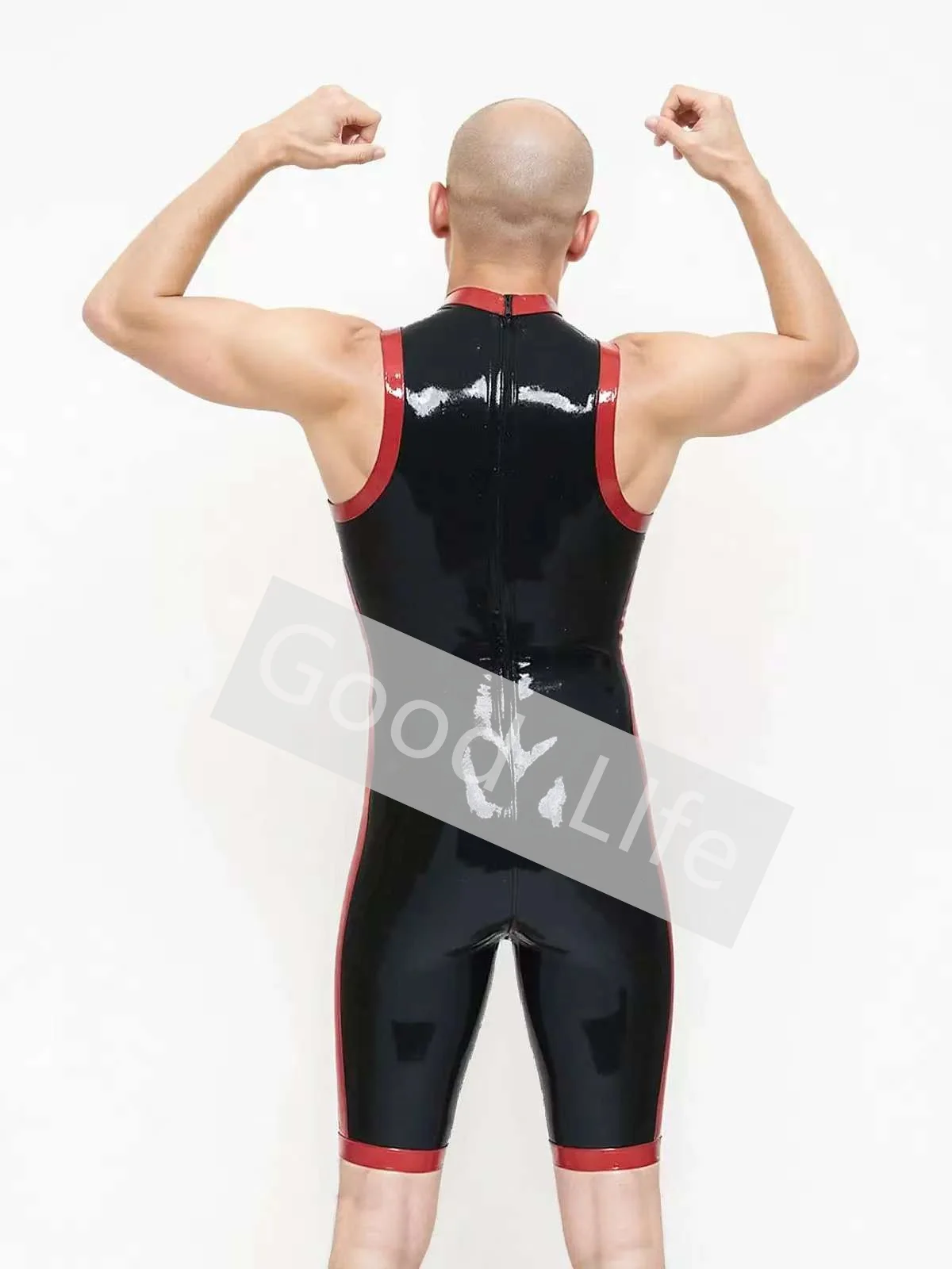 

Handmade Latex Men Surf Suit Black with Red Trim Tank style Latex Bodysuit Sleeveless Latex Catsuit Rubber Jumpsuit Back Zip