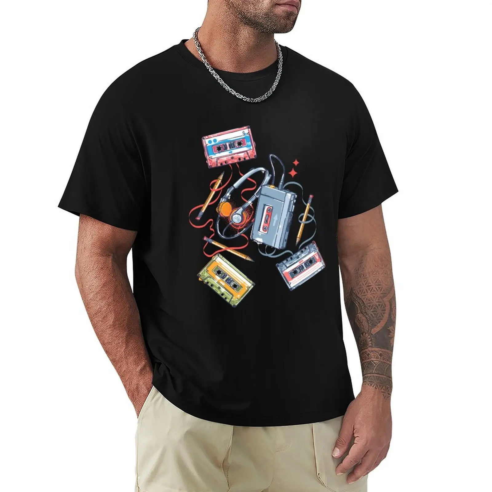 

Retro Walkman and Cassette Tapes Pencil Pattern T-Shirt vintage t shirts Man t-shirt summer clothes men clothings