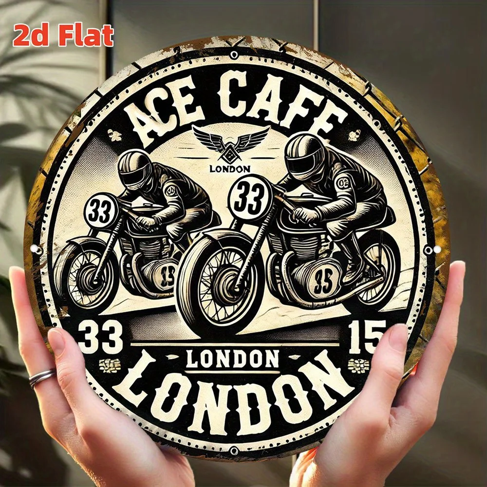 2D Flat, Vintage London Motorcycle Cafe 2D Flat Metal Sign - 19.81cm Round Aluminum Wall Art with Racing Scene, Durable Indoor/O image 4