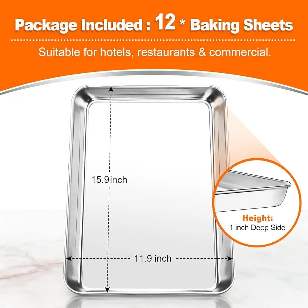 مجموعة ألواح خبز من الفولاذ المقاوم للصدأ مكونة من 12 ورقة كوكي وصينية فرن ومقلاة جيلي غير لاصقة وآمنة للاستخدام في غسالة الأطباق ومقاومة للحرارة