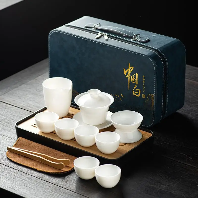 New White Porcelain Tea Set Complete Kung Fu Tea Set Lamb\'s Jade Covered Bowl Tea Cup Travel Tea Set with 6 Cups Home Gifts