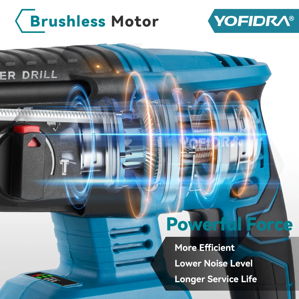 YOFIDRA 26mm Cylinder Brushless Motor Electric Hammer Drill with Drill Bits.for Makita 18V Battery Cordless Impact Rotary Drill