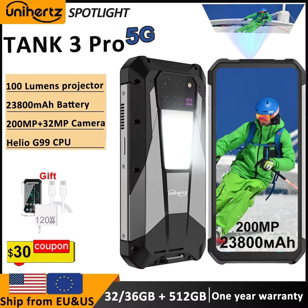 Unihertz Tank 3 Pro 8849 Rugged Smartphone android 5G with 100 Lumens Projector 32/36GB 512GB 23800mAh Waterproof 200MP phones