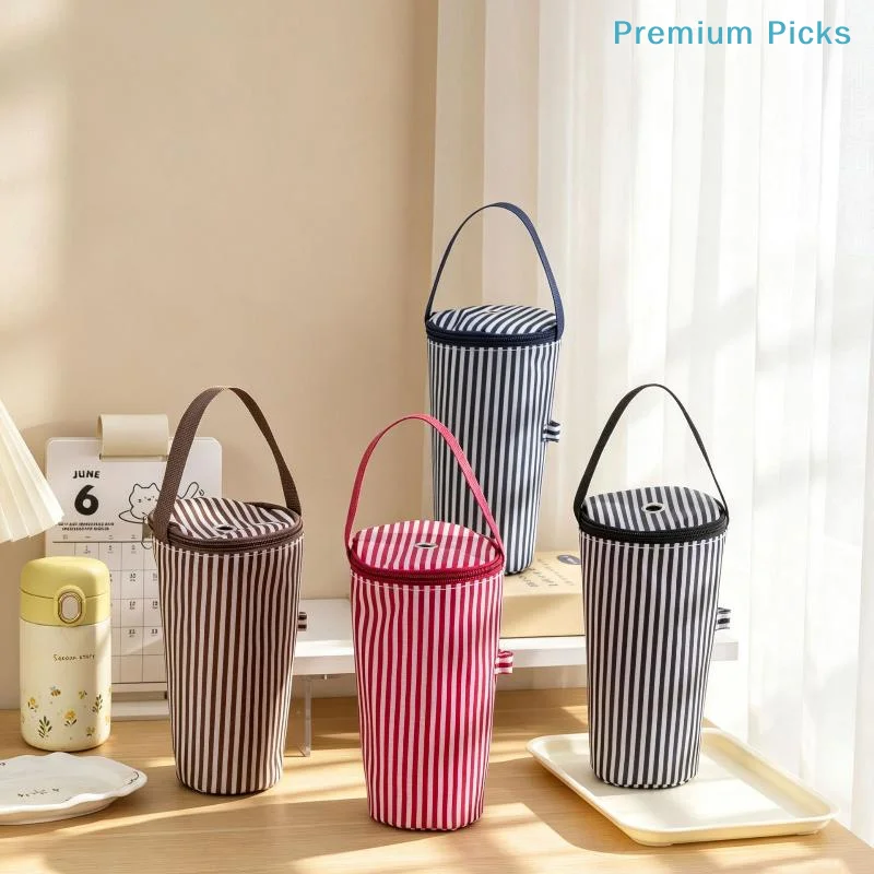 portableInsulated Tumbler Carry Bag Striped Pattern with Handle Thermal Lining for Commuting Camping Outdoor Use