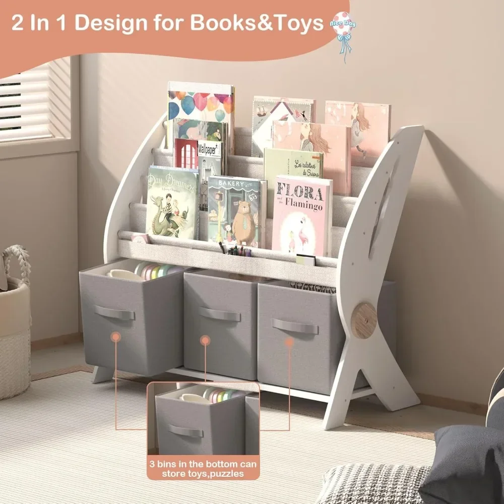 Kids Bookshelf Small 4 Sling Wood Book Rack Kids Room Bookcase Display Stand Toddler Baby Gift Boys Girls Bedroom Playroom