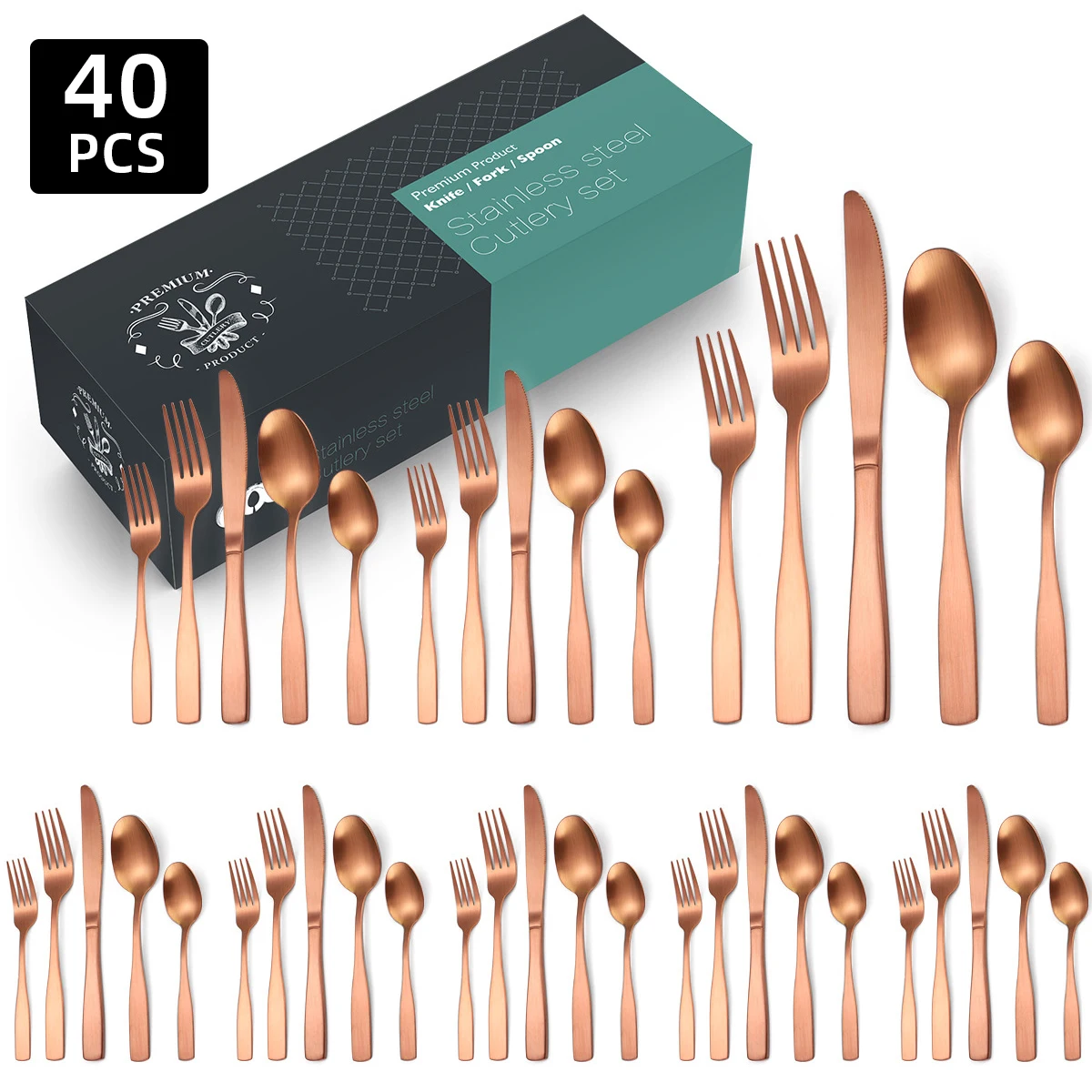 40/20pcs Luxury Matte Flatware Set Kitchen Stainless Steel Tableware Sets Hotel Dinnerware Set Rose Gold Black Cutlery Set Gift