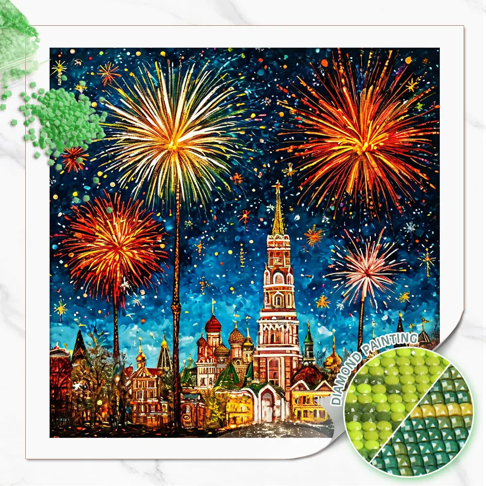 Huacan DIY Diamond Painting Fireworks Church Night Diamond Embroidery Landscape Complete Kit Picture Of Rhinestones Gift
