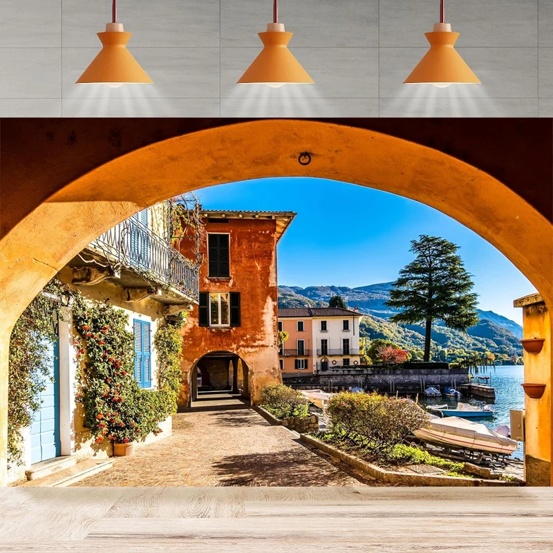 Italy Town Street Photography Backdrop Italian Lago Di Como Port Old Town Street Background for Europe Travel Party Decor Banner