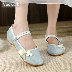 Veowalk Beading Knot Women Soft Cotton Mary Jane Flat Shoes Autumn Spring Retro Comfort Walking Driving Ballets Green Grey White