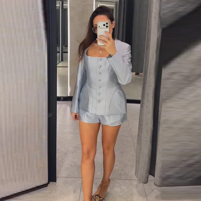 Casual Button Jacket Shorts Suit Women Solid Full Sleeve Square Collar Jackets Mini High Waist Short 2026 Autumn Set Lady New