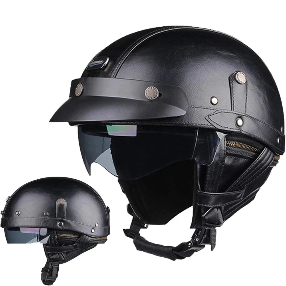 

New Retro Motorcycle Helmet Men Women Motorbike PU Leather Open Face Helmets Four Seasons Vintage Moto Ride Scooter Helmet