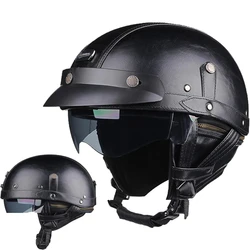 New Retro Motorcycle Helmet Men Women Motorbike PU Leather Open Face Helmets Four Seasons Vintage Moto Ride Scooter Helmet