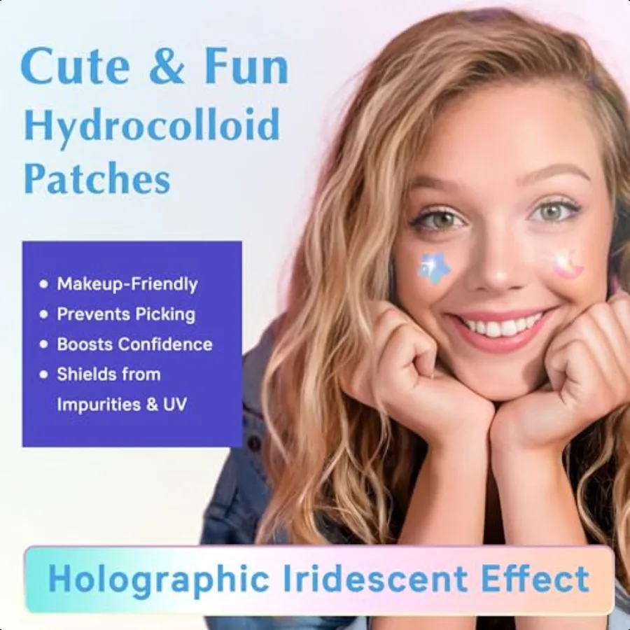 แผ่นแปะสิวโฮโลแกรมสำหรับใบหน้า แผ่นแปะสิวไฮโดรคอลลอยด์น่ารัก ผสมกรดซาลิไซลิกและทีทรี สีสันสดใส รูปดาว สำหรับสิวและรอยสิว
