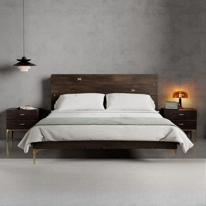 Nordic full oak solid wood bed master bedroom double bed small flat edge bed