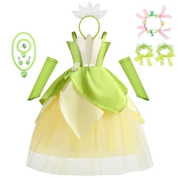 Tiana Cosplay Dress With Crown Princess Disguise Costume Halloween Fantasy Children's Elegant Gown Stage Performance Sets