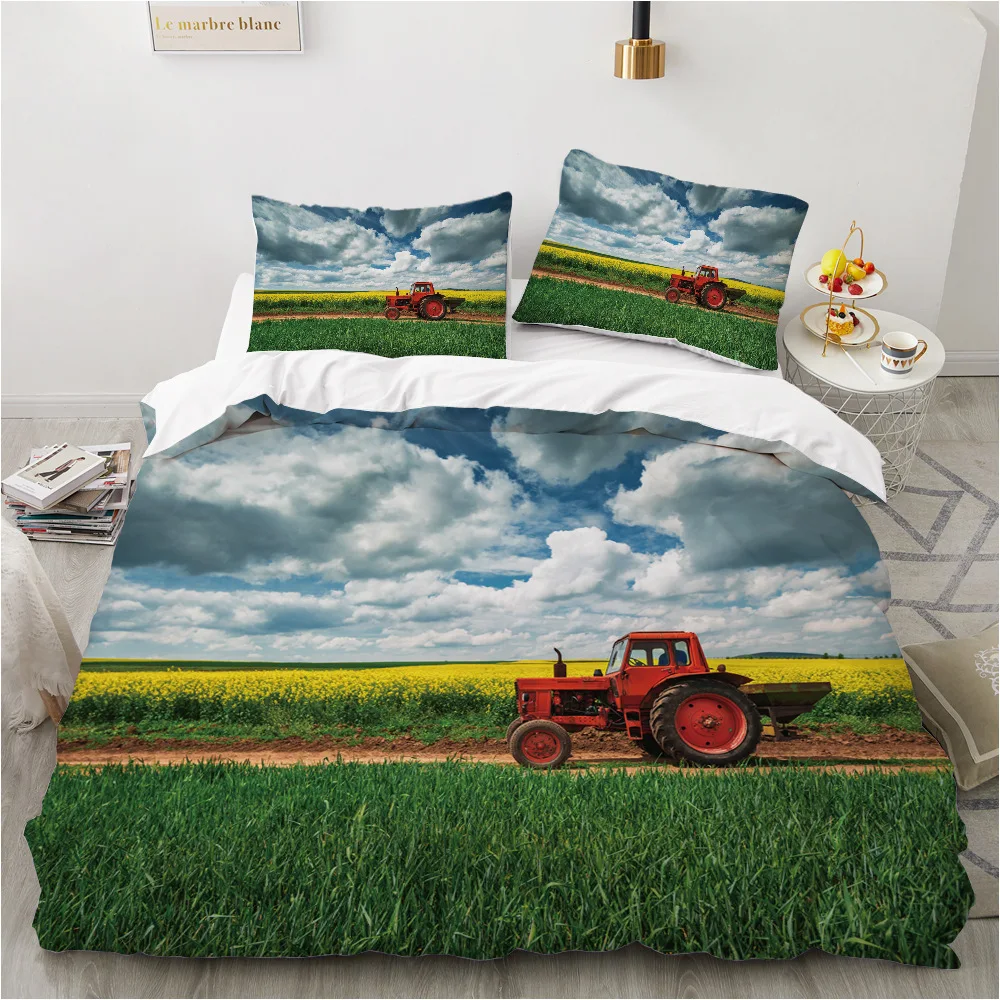 Tractor Kids Duvet Cover,Monster Truck on Farm Pattern Comforter Cover Set King/queen Size,Country Boys Hobby Cars Bedding Set