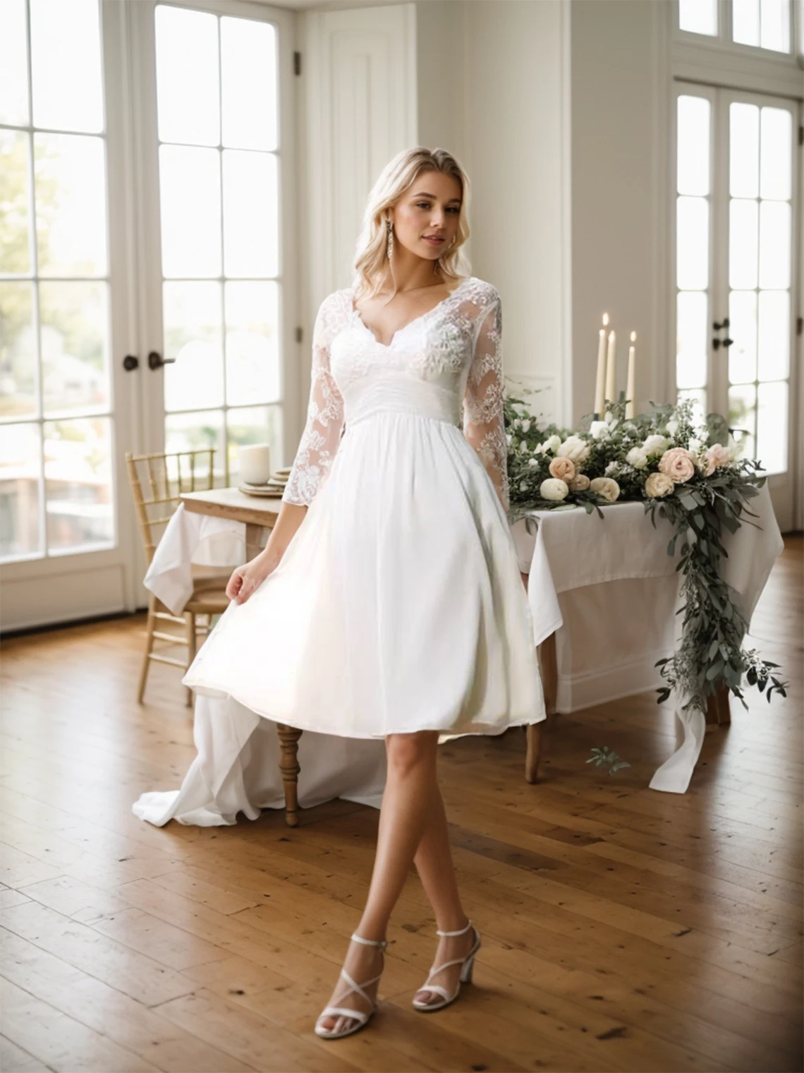

Elegant Modern A-Line Wedding Dress V Neck 3/4 Sleeve Chiffon Appliques Knee Length Beach Rehearsal Dinner 2025 Free Customized