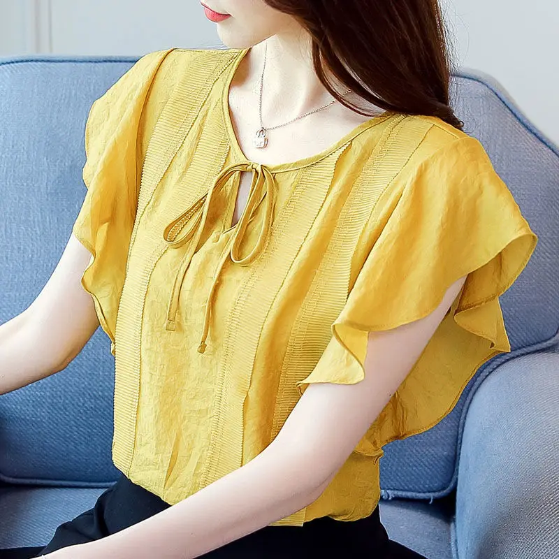 Female O-Neck Bow Lacing Hollow Out Solid Blouse Loose Oversize Flying Sleeve Patchwork Chiffon Shirt Women's Summer Clothing