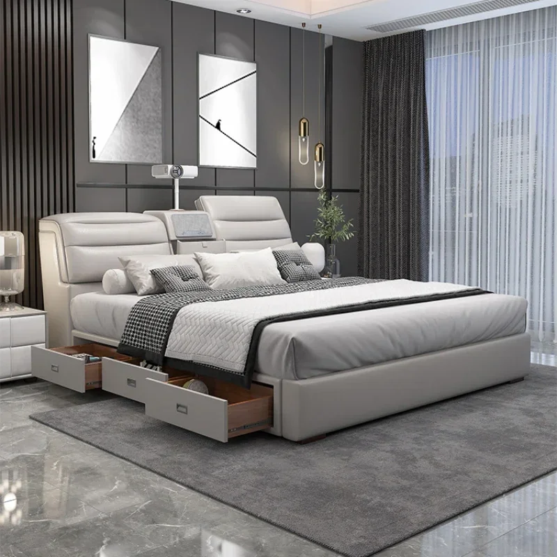 

Aesthetic Double Bed Luxury Nordic Leather White Twin Bed Frame King Wood Camas De Matrimonio Dormitorio Furniture