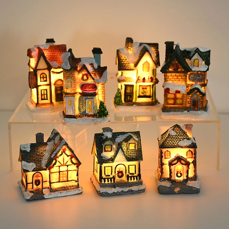 Christmas LED Light Ornament Doll House Village Light Up Christmas Micro Landscape Resin House Xmas Atmosphere Lights Home Decor