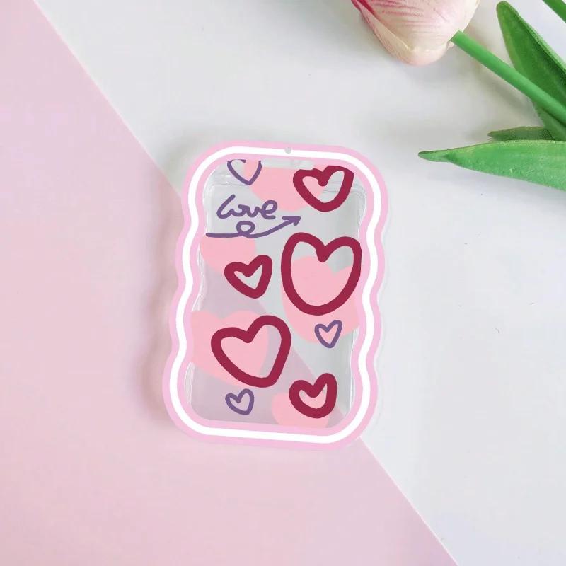 1pc Pink Love Heart Card Holders with Spring Rope Keychain Student ID Card Bus Card Campus Access Card Protective Cover