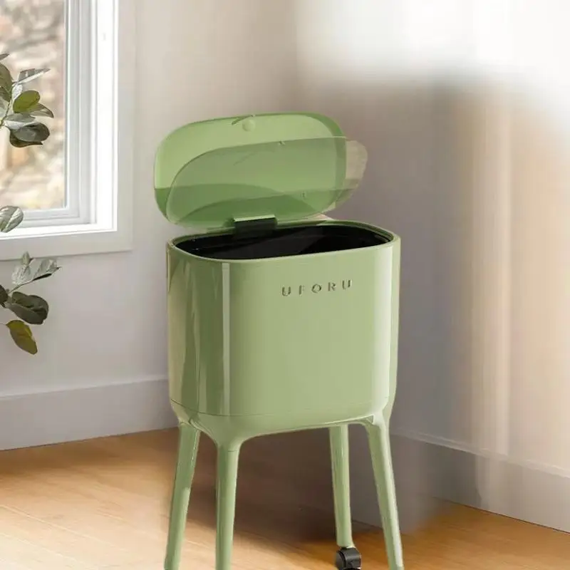 

Kitchen & Living Room Bin, Durable Plastic No-Bend High-Leg Trash Can With Press-to-Open Lid - Large Capacity Oval