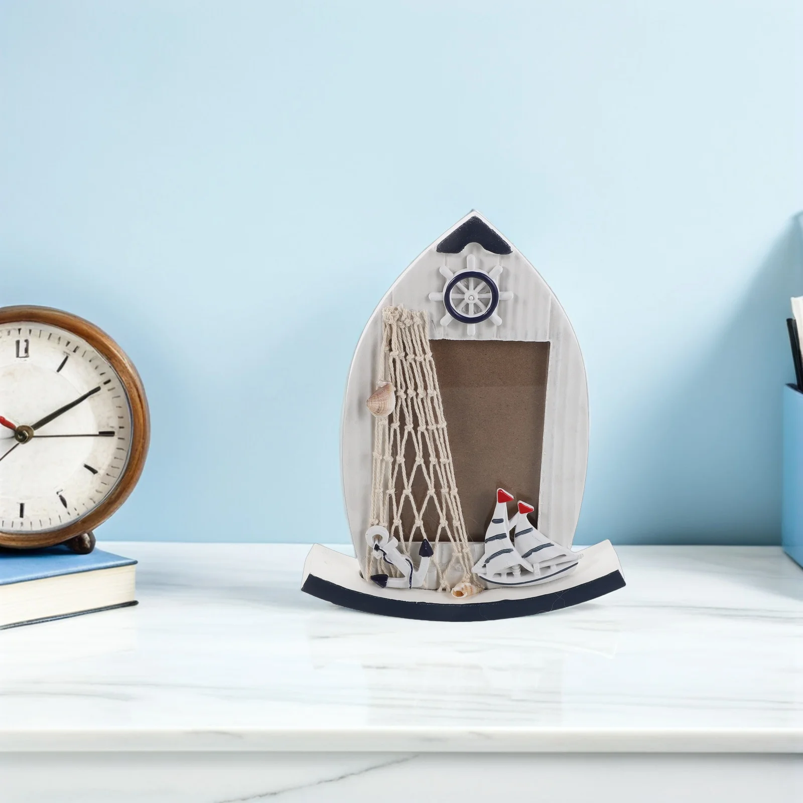 

Mediterranean Picture Frame 5 Inch Wooden Vintage Beach Theme Tabletop Photo Display Retro Nautical Ocean Memory Holder