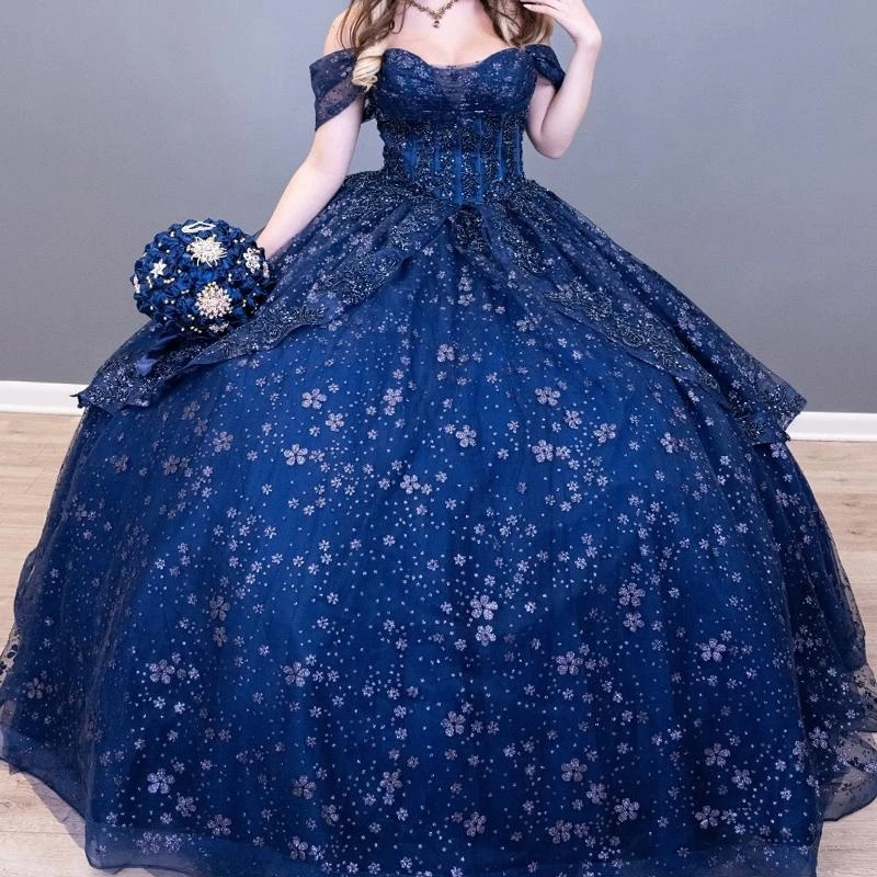 

Luxury Navy Blue Shiny Quinceanera Dresses Off The Shoulder Sequin Appliqued Lace Beading Ball Gown Sweet 16 Vestidos De 15 Anos