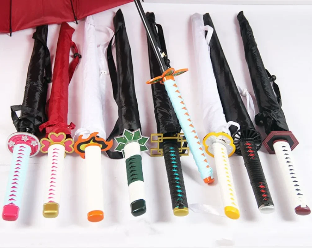 Anime Demon Slayer Katana Umbrellas Windproof Long Handle Kyoujurou Parasol Umbrellas Kimetsu No Yaiba Sunshade Sword Rain Gears