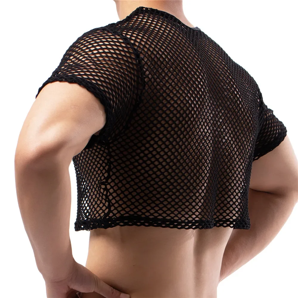 FYXLJJ Sexy Mens Hollow Out Fishnet Undershirts Sexy See Through Mesh Tops Male T Shirts Sport Fitness Vests Nightclub Sheer Top