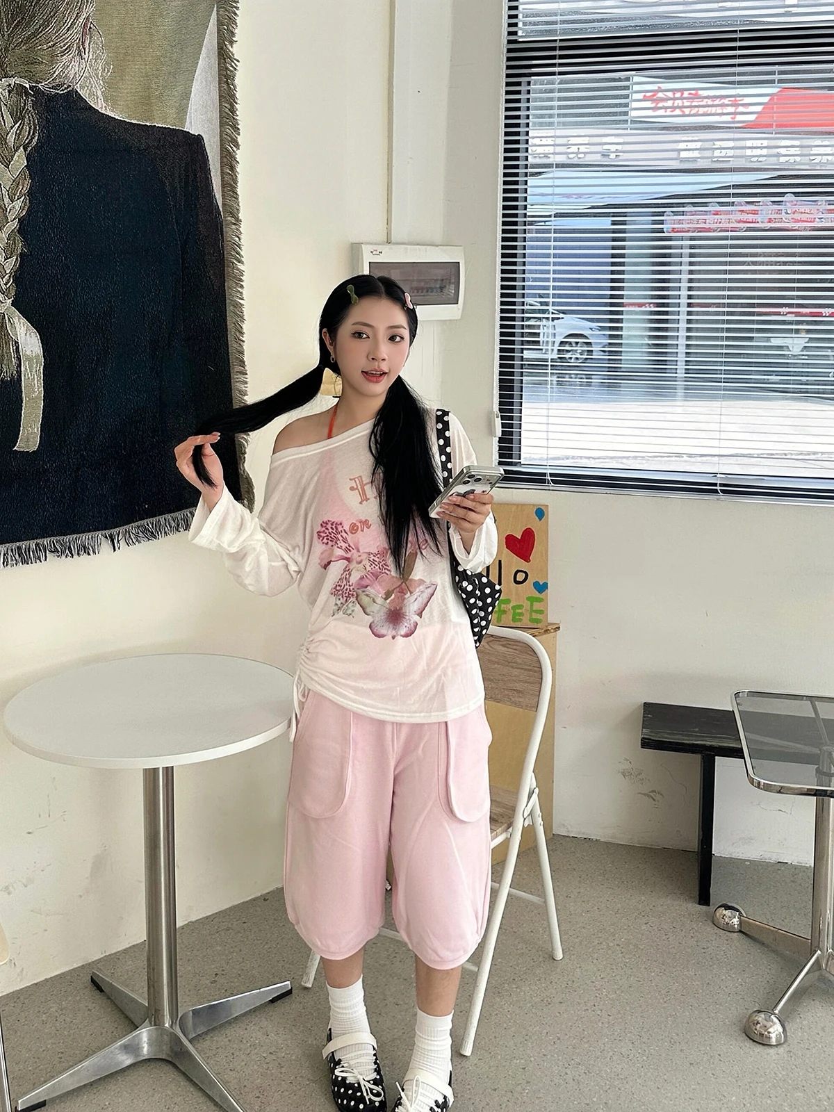 Sakura Lazy Versatile Korean Style Print Diagonal Shoulder Sun Protection Long Sleeve T-Shirt Women Skin-friendly Breathable Top