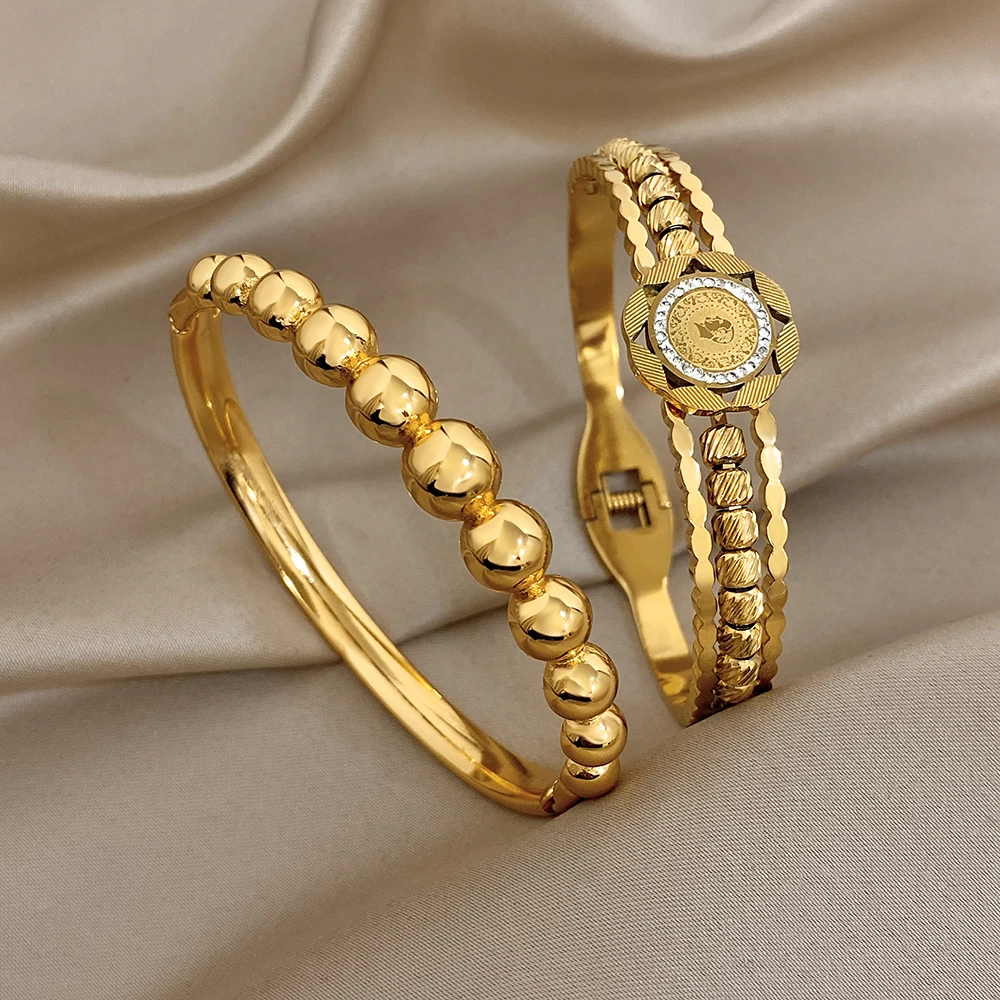 

Vintage Glossy Stainless Steel Round Beaded Bangle Bracelet for Women Luxury Geometric Irregular Wide Cuff Spring Bangle Jewelry