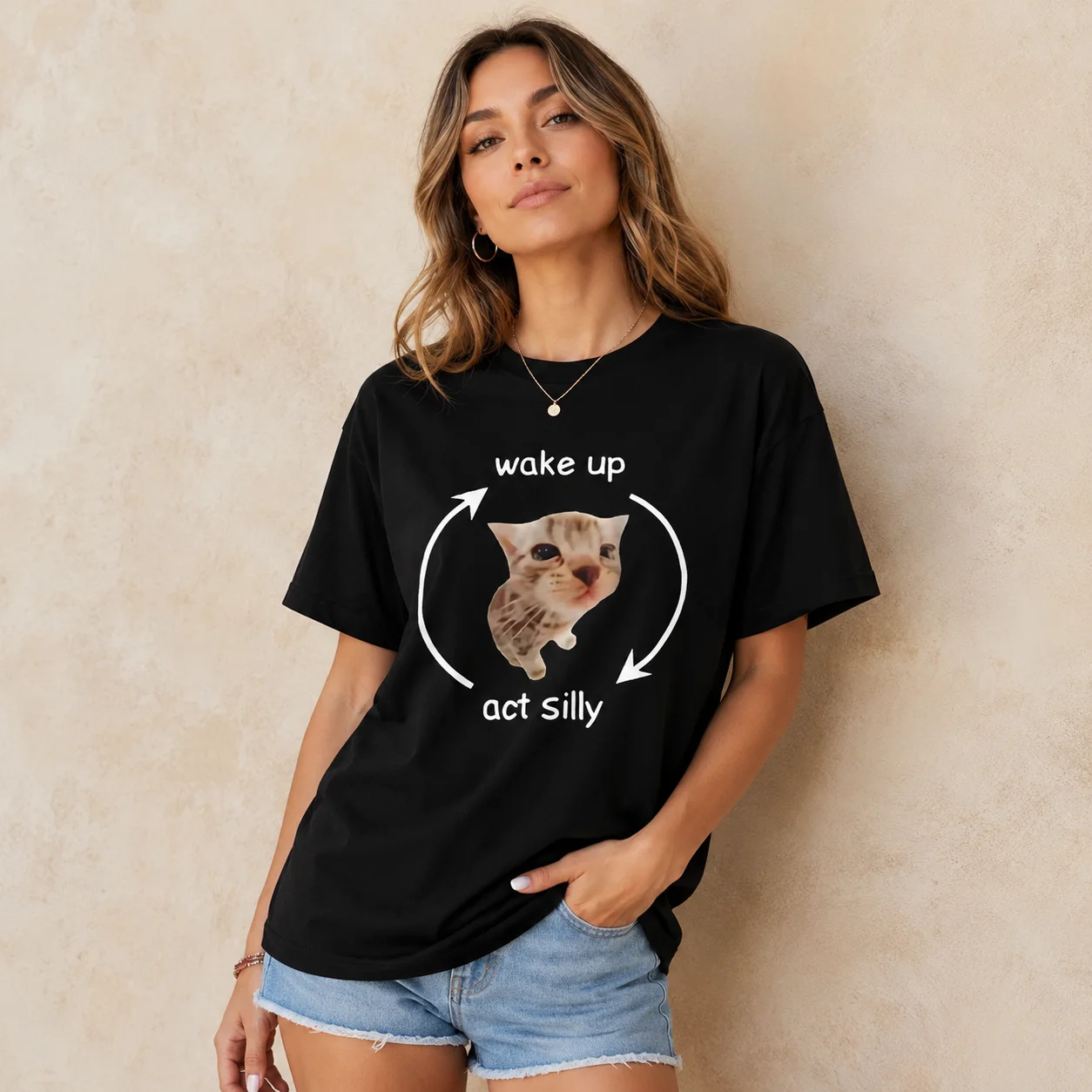 Wake Up Act Silly Pattern T-shirt, Funny and Cute Cat Print Short Sleeved T-shirt, Men's and Women's Casual Oversized T-shirt