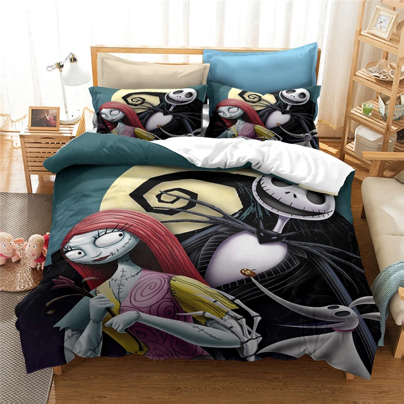 

New Nightmare Before Christmas Duvet Cover With Pillow Cover Bed Set Jack And Sally 3D Skull Christmas Bedding Set Bedroom Decor