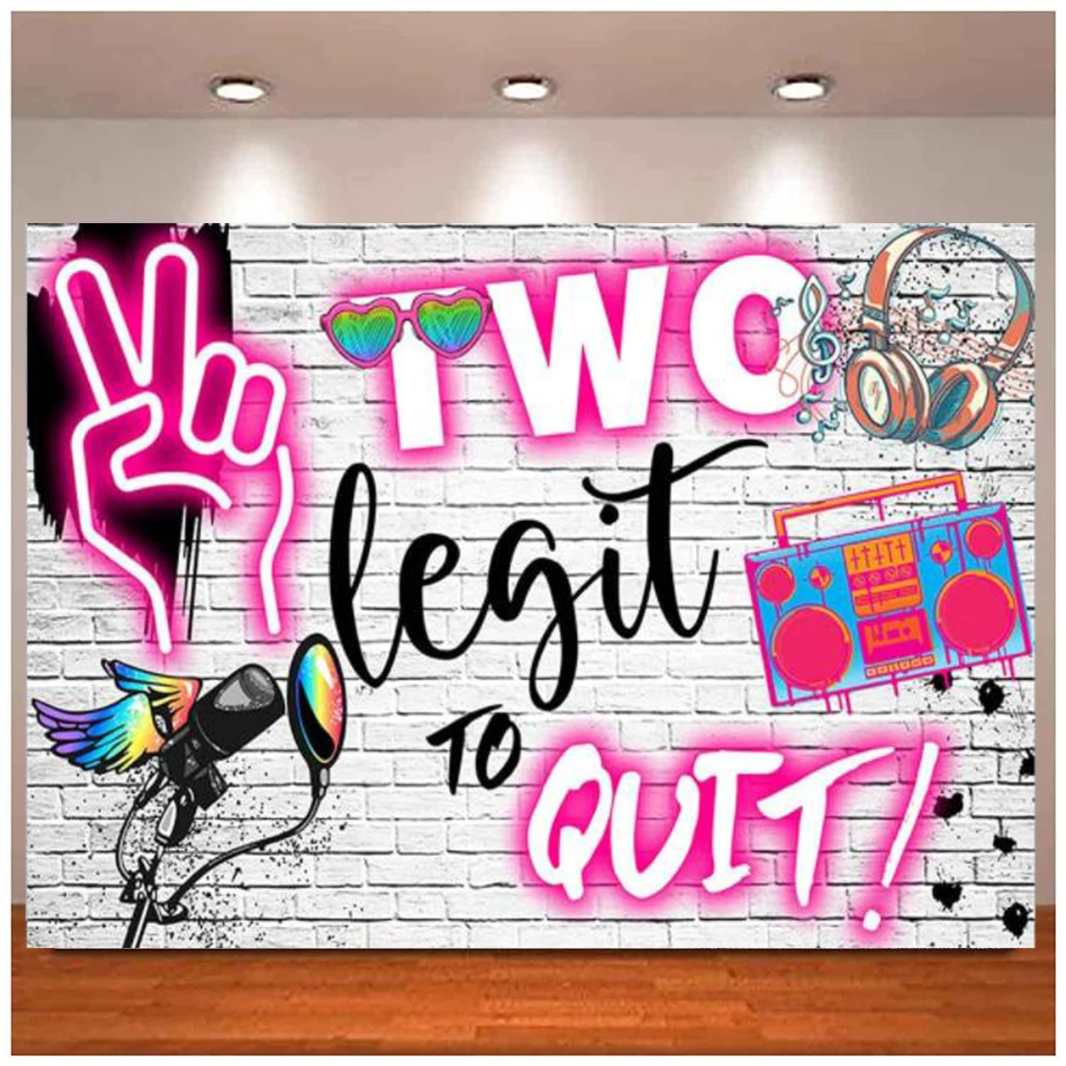 Two Legit To Quit Girl 2nd Birthday Photography Backdrop Hip hop Party Decoration Pink Graffiti Brick Wall Background Banner