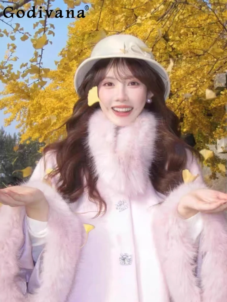

Japanese Sweet Gentle Girly Pink Fur Collar Wool Coat Winter Sweet Bell Sleeve Cape Woolen Overcoat