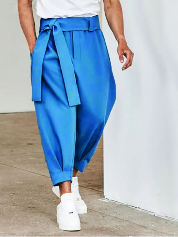 

Loose Casual Pants for Men Spring 2025 Belt Decorated Cuffed Trousers Nine Points Briti Sle Cotton Blend Youth Faion