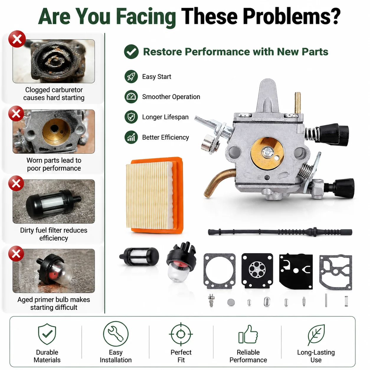 Carburetor Repair Kit For Stihl FS300 FS350 Trimmer Weedeater Engine Parts, 4134 120 0603 4134 141 0300 OEM