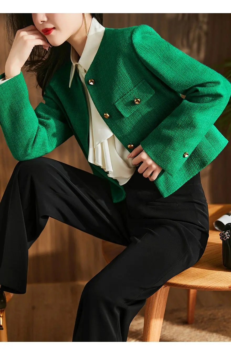 2024 Green Cotton Coat Women\'s Spring and Autumn new Korean Temperament Slim High-sense Fashion Short Long-sleeved Outcoat Top