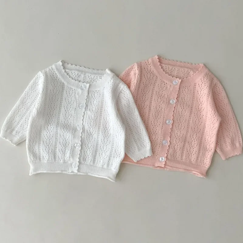 

Summer Baby Girls Long Sleeve Hollow Out Cardigans Infant Kids Solid Cotton Sunscreen Children Casual Knitted Ultra Thin Coats