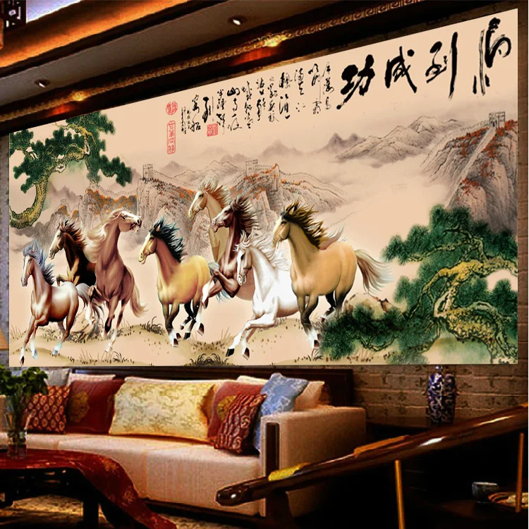 

New 2025 Royal Mona Lisa Cross Stitch Kit Large Landscape Eight Horses Success Handmade Living Room Decorative Cotton Fabric